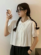  韩国东大门2023夏egg女士时尚百搭蕾丝翻领压褶短袖衬衫