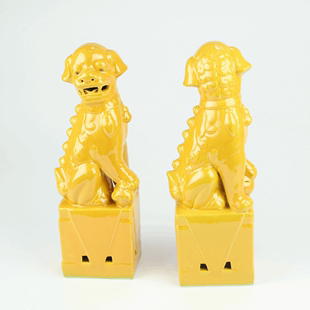 景德镇中式颜色釉黄釉狮子狗动物雕塑一对中式客厅装饰工艺品摆件