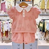 韩国小云朵童装女童粉色花卉套装 24夏短袖娃娃领花瓣T恤短裤套装