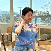 韩国春夏款甜心，少女甜美花色拼接圆领，短袖针织短外套