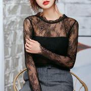 大码韩版黑色网纱打底衫女长袖，罩衫性感镂空透视内搭蕾丝洋气上衣