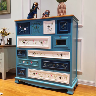 美式五斗柜储物柜玄关蓝色，客厅柜子实木，地中海十二斗卧室收纳装饰