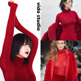 红色高领打底衫女修紧身羊毛绒，针织衫长袖内搭毛衣，黑超细薄款秋冬