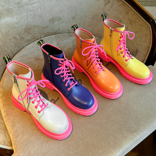 马丁靴女夏季薄款2024年厚底彩虹多色机车短靴平底公主粉色靴