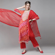 印度女装民族风套装薄款春夏遮比3件纯棉，刺绣红色日常服饰12044
