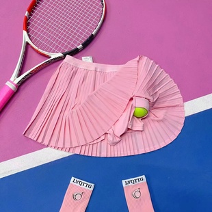网球百褶半裙带带底裤，有球兜羽毛球，裙桃粉色减龄飘逸速干运动短裙