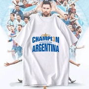 阿根廷队世界杯夺冠3冠纪念梅西足球迷服短袖t恤衫男女纯棉半截袖