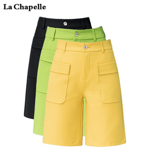 拉夏贝尔黄色休闲西装短裤，女2024夏季高腰，显瘦洋气百搭直筒裤