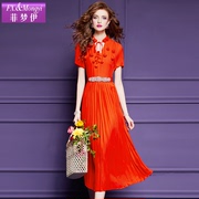菲梦伊红色连衣裙女短袖夏装法式小众高端收腰设计感显瘦百褶长裙