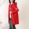 皇森大红色条纹长袖连帽加绒卫衣，中长款加厚冬季大码外套拉链开衫