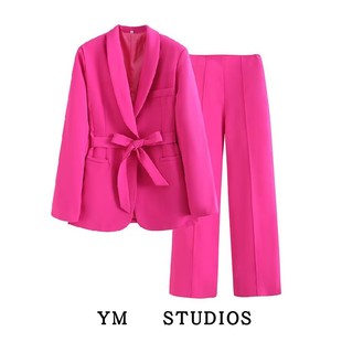 设计款时尚长袖翻领系带玫红西装外套高腰直筒裤时尚两件套装