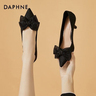 达芙妮黑色高跟鞋女小众气质，春夏蝴蝶结法式尖头，细跟单鞋女鞋