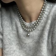 真多麻银灰色强光珍珠项链，长款法式轻奢叠戴双层毛衣链级感饰品