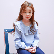 韩国童装女童春秋季荷叶边领公主，t恤上衣，儿童条纹清新长袖娃娃衫
