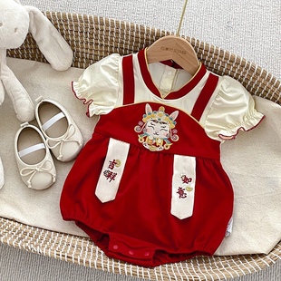 中国风婴儿衣服夏装新生宝宝满月百天周岁礼服包屁衣唐装哈衣套装