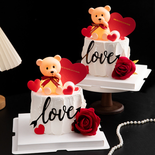 情人节蛋糕装饰发光小熊摆件love亚克力情人节快乐爱心卡片插件