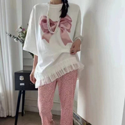圆领印花蕾丝拼接短袖t恤女XNX2024夏季设计感小众减龄上衣潮