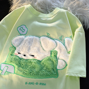 联名卡通潮牌绿色宽松情侣装短袖T恤女夏季小众设计感3D立体上衣