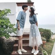 不一样的情侣装夏装套装2023韩版连衣裙短袖T恤网纱裙女学生