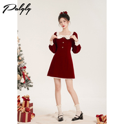 法式甜美少女方领长袖收腰连衣裙红色冬季高级感气质圣诞打底裙子