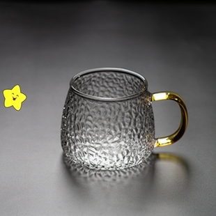 。日式锤纹玻璃杯大号带盖水杯，带把家用茶杯喝茶杯子过滤茶水分离