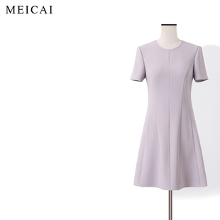 美裁清凉三醋酸简约高雅微醺紫圆领，短袖收腰中长薄款透气连衣裙