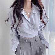 韩国chic春秋减龄复古设计感小众气质绑带收腰显瘦单排扣短款衬衫