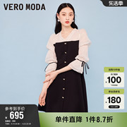 Vero Moda奥莱连衣裙子夏季时尚优雅V领雪纺泡泡袖拼接牛仔女