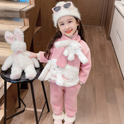 女童兔子卫衣加绒套装2023女宝宝，冬装洋气时髦加厚保暖三件套