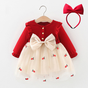 女童连衣裙春秋儿童婴儿公主裙，子女宝宝周岁礼服，女孩红色生日衣服
