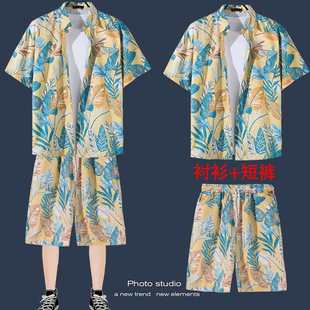 休闲夏威夷度假衬衫短裤夏季潮流宽松短袖日系海边情侣，沙滩套装男