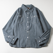美式蓝白条纹衬衫男日系复古重磅宽松休闲长袖工装衬衣咔叽外套