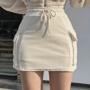 韩国东大门基础款好搭配时尚奶白色高腰短裙双口袋半身裙裤女