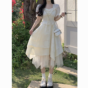 茶歇法式白色方领雪纺连衣裙，女夏季小个子，纱裙蛋糕蓬蓬仙女长裙子