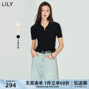 LILY2024夏女装时尚复古通勤款修身显瘦短袖毛针织衫打底衫女