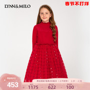 lynnmilo琳麦罗女童连衣裙，2024长袖针织网纱，红色甜美可爱公主裙