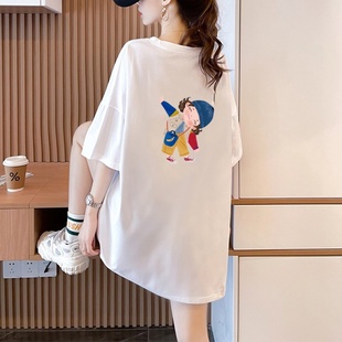 2024印花纯棉短袖T恤女夏季中长款宽松韩版减龄洋气半袖体恤