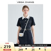 VEGA CHANG牛仔连衣裙夏季女2024年法式蕾丝娃娃领衬衫裙子