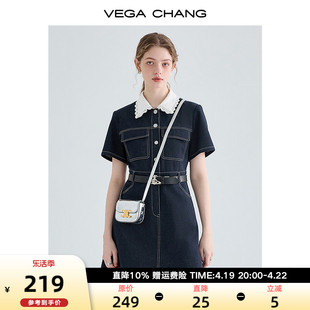 vegachang牛仔连衣裙，夏季女2024年法式蕾丝娃娃领衬衫裙子