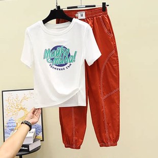 夏季白色印花网红t恤+哈伦裤套装，开叉上衣休闲九分裤两件套老爹裤