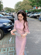 倒大袖紫色旗袍裙，女年轻款，气质高端日常春夏长款