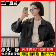 黑色pu皮衣外套女短款2023秋冬港风小个子加绒机车服夹克上衣