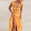 houseofcb2023春夏杏黄色，褶皱吊带度假连衣裙