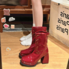 网红厚底粗跟时装短靴女2023年秋冬季瘦瘦靴漆皮超高跟马丁靴