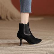 高跟短靴女切尔西靴法式尖头细跟羊皮及踝靴秋冬气质中跟黑色裸靴