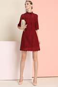 黛薇璐媤酒红色蕾丝礼服，连衣裙女矮个子，春装法式气质收腰a裙