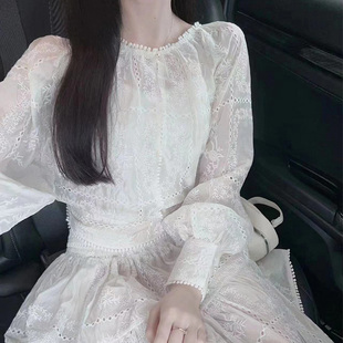 Sayincan茶歇法式镂空绣花白色连衣裙女2024夏季仙女气质度假短裙