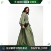 香港直邮潮奢asos女士设计棉府绸，褶皱胸部橄榄绿长款连衣裙
