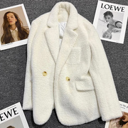 LILY MOST水貂绒白色西装外套女冬季双排扣设计感时尚小西服