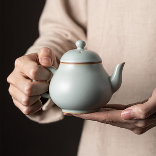 天青汝窑陶瓷茶壶仿宋汝瓷家用功夫，茶具小茶壶可养开片泡茶壶单壶